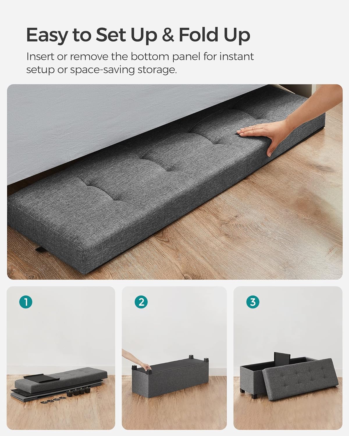 SONGMICS Storage Ottoman Bench, Foldable Foot Rest with Legs, 15 x 43 x 15.7 Inches, End of Bed