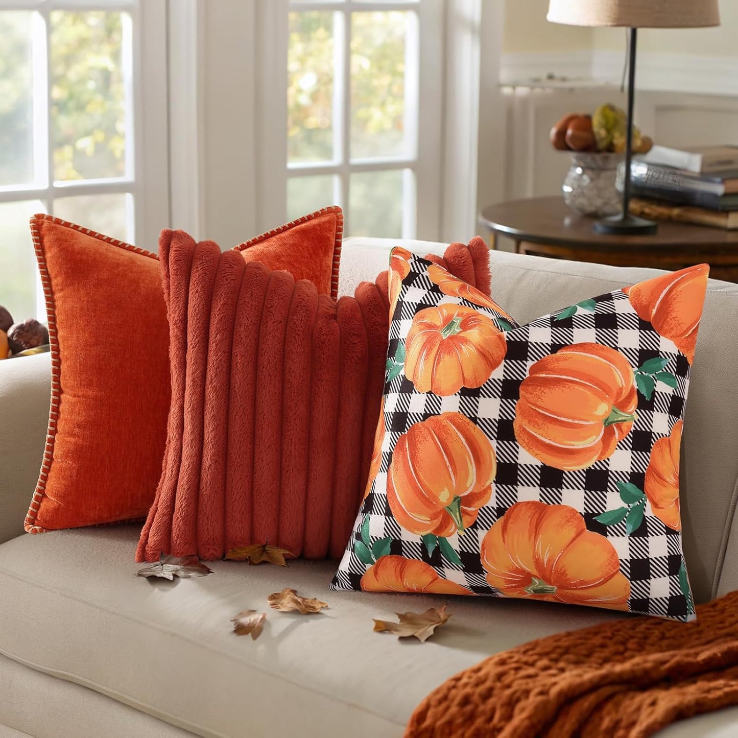 decorUhome Fall Orange Pumpkin Decorative Throw Pillow Covers 16x16 Set of 2, Buffalo Plaid Check
