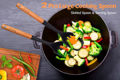Large Silicone Cooking Spoon Set, 2 Pack Solid Slotted Spoon with Wooden Handle, Nonstick Silicone