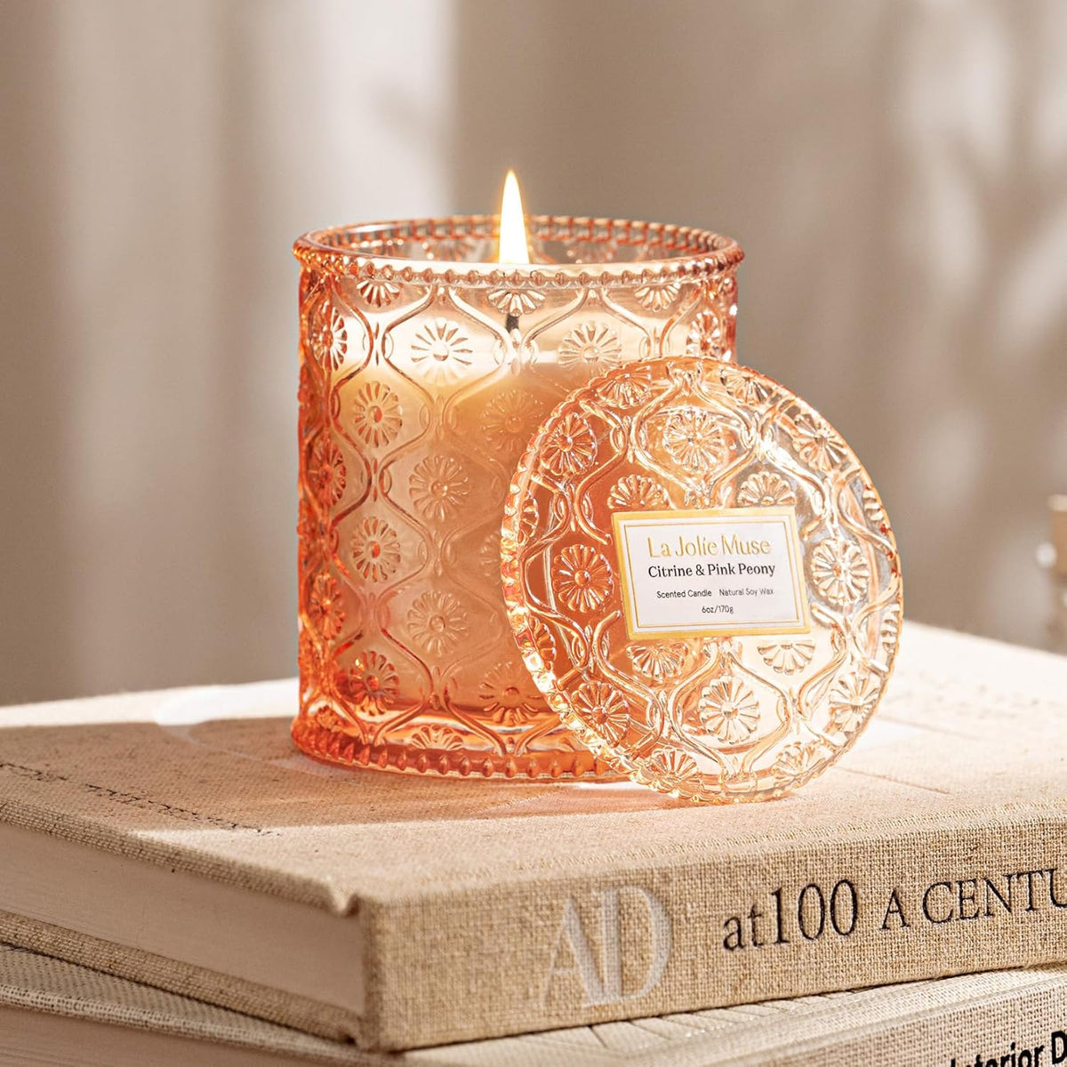 LA JOLIE MUSE Citrine & Pink Peony Scented Candles - Bergamot, Peony, Amber | 6 oz Natural Soy Wax