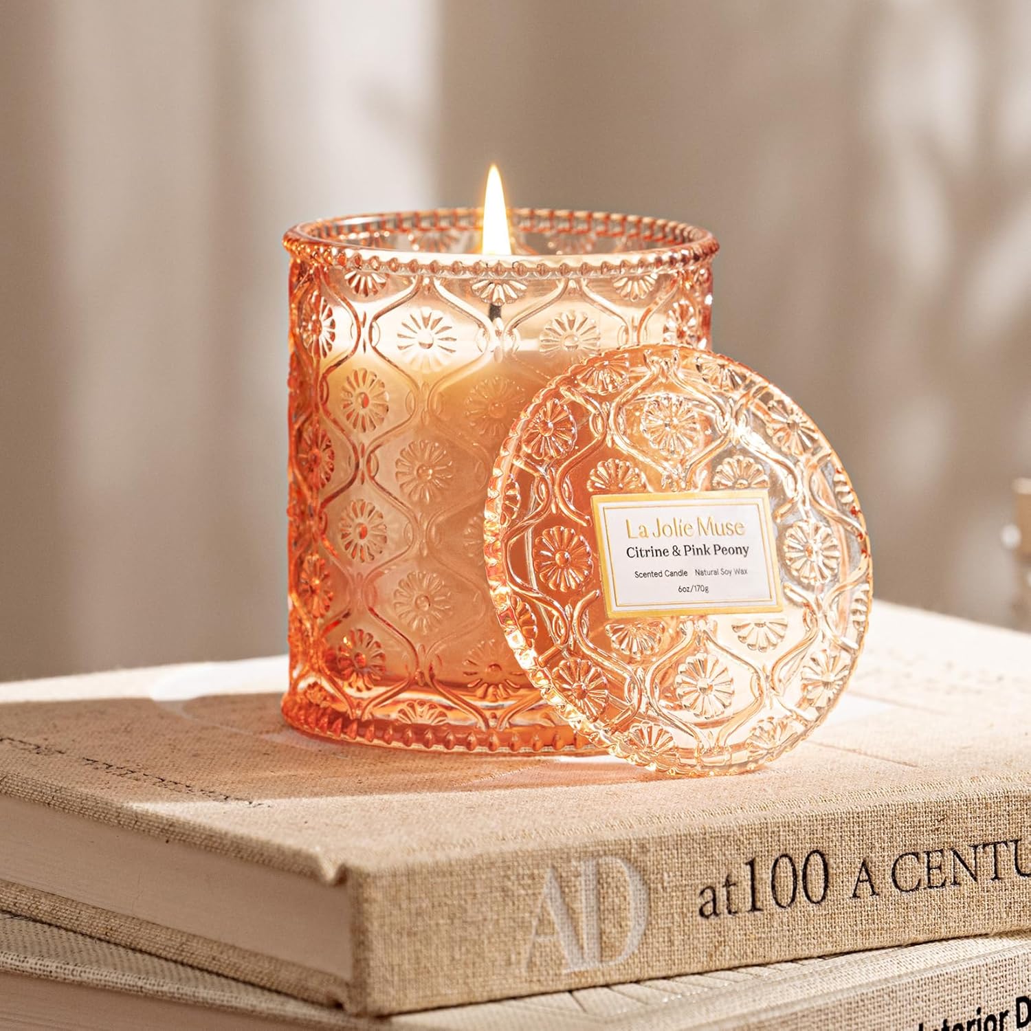 LA JOLIE MUSE Citrine & Pink Peony Scented Candles - Bergamot, Peony, Amber | 6 oz Natural Soy Wax