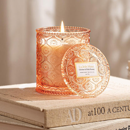 LA JOLIE MUSE Citrine & Pink Peony Scented Candles - Bergamot, Peony, Amber | 6 oz Natural Soy Wax