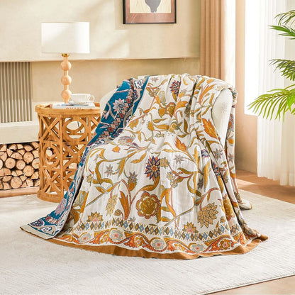 Fall Throw Blanket for Couch, Brown Boho Decorative Throw Blanket, 100% Cotton Muslin Breathable