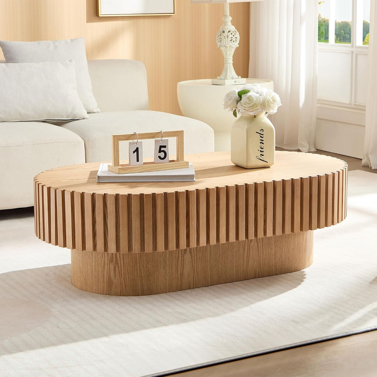 43.7" Oval Coffee Table for Living Room,Modern Handcraft Drum Coffee TableSmall Wooden Coffee Table