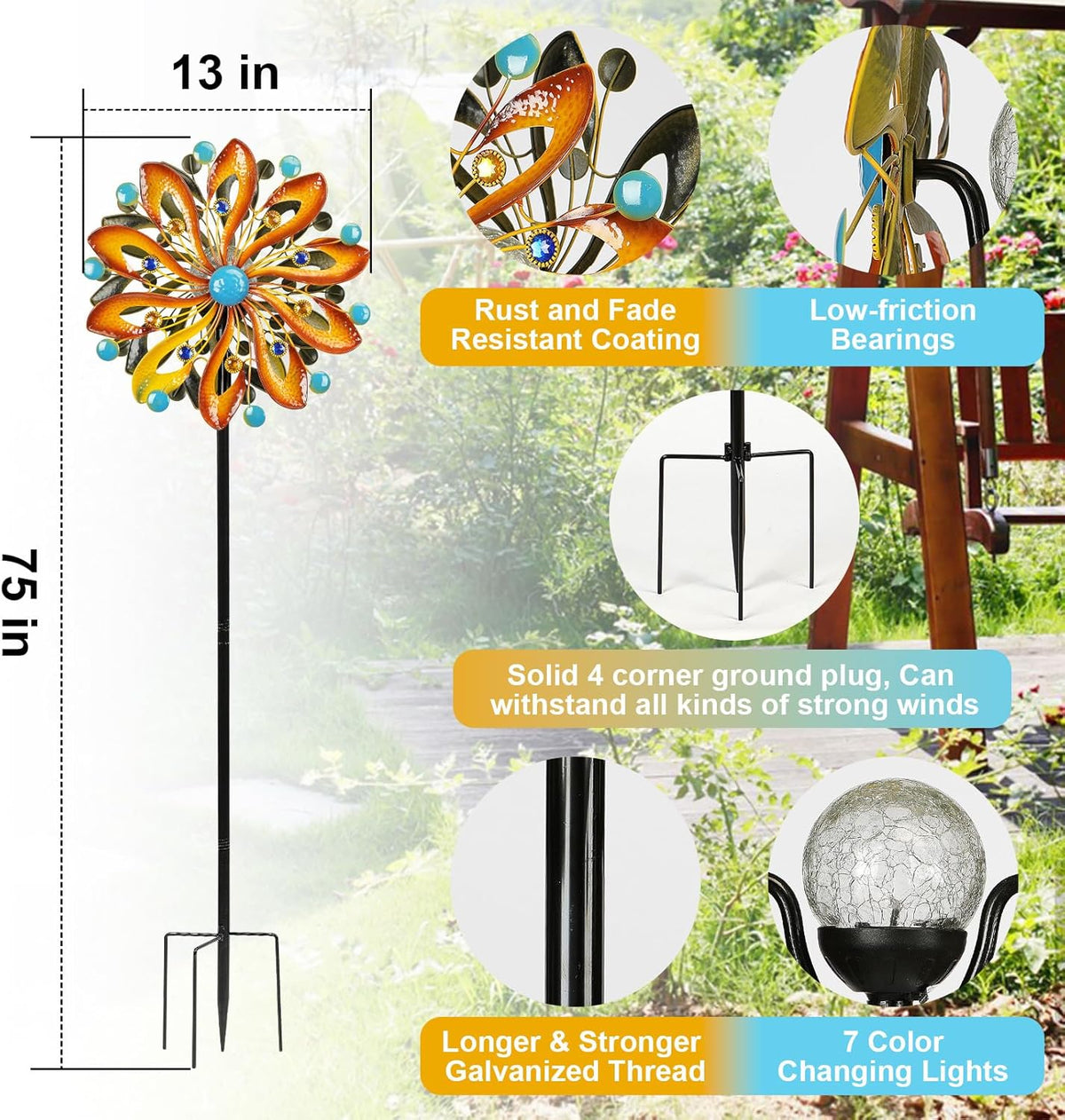 Wind Spinners for Yard and Garden - Wind Sculptures & Spinners 75 in Garden Kinetic Art with Solar