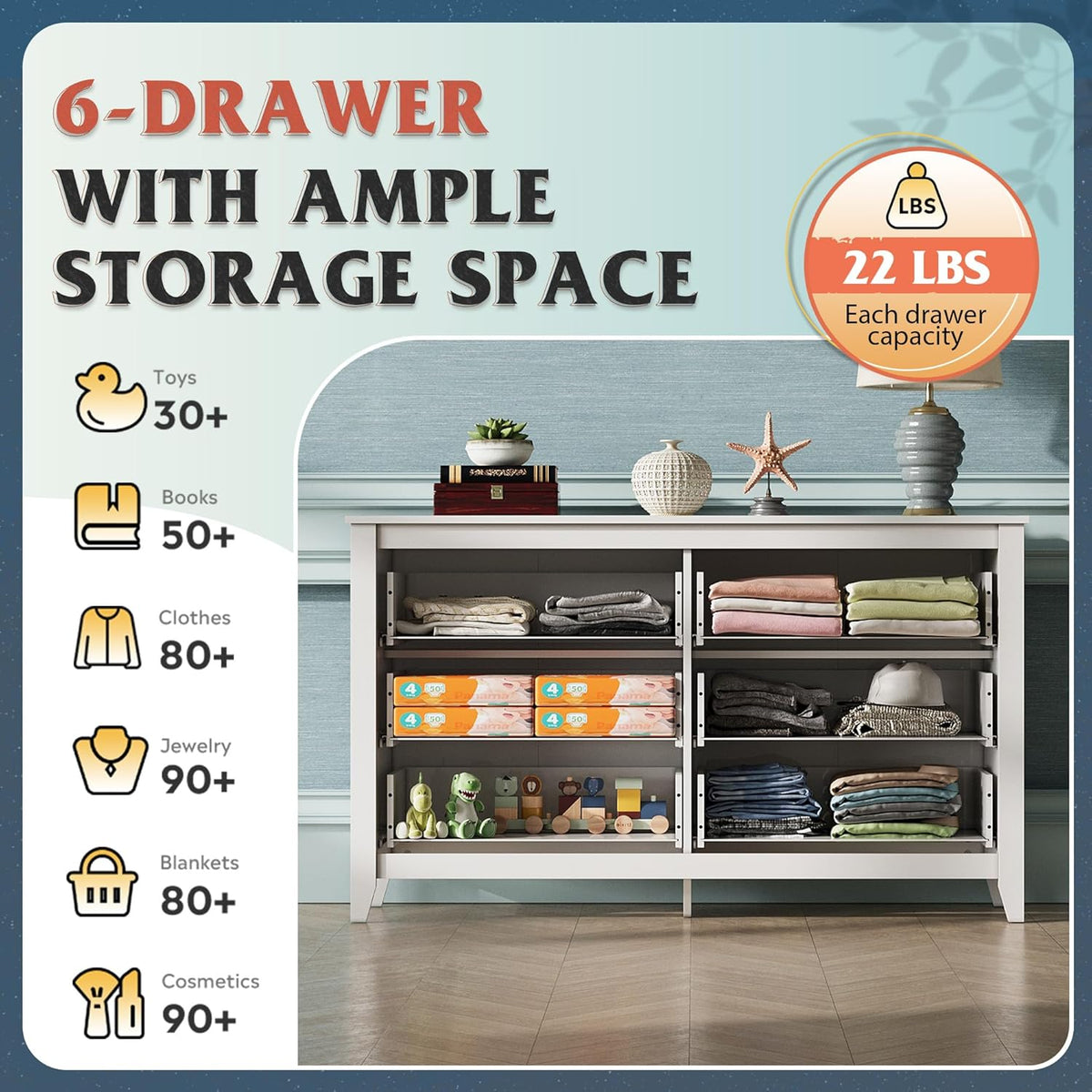 WLIVE White Dresser for Bedroom, 6 Drawer Wood Dresser with Metal Handle, Large Double Wooden Chest