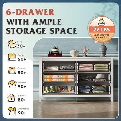 WLIVE White Dresser for Bedroom, 6 Drawer Wood Dresser with Metal Handle, Large Double Wooden Chest