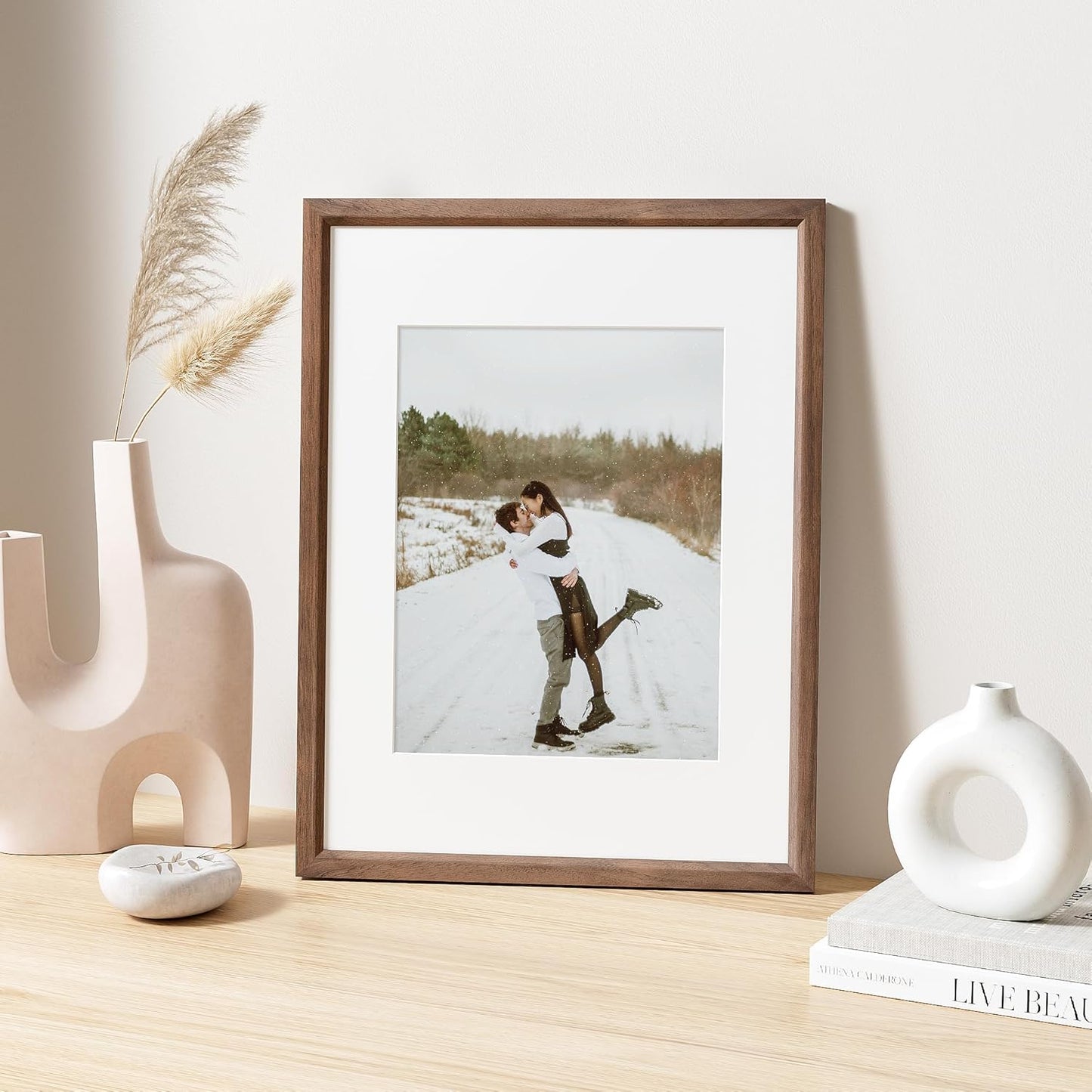 12x16 Picture Frame Set of 4 Natural Solid Walnut Photo Frames with 8.5x11 Removable Mat Wall