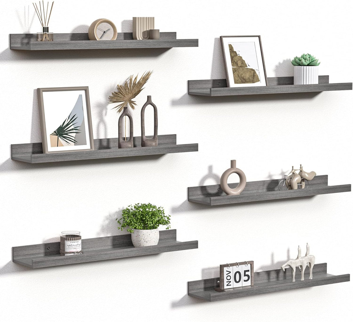 upsimples Floating Shelves for Wall, Wood Mounted Shelf Decor Storage Set of 6, for Bedroom, Living