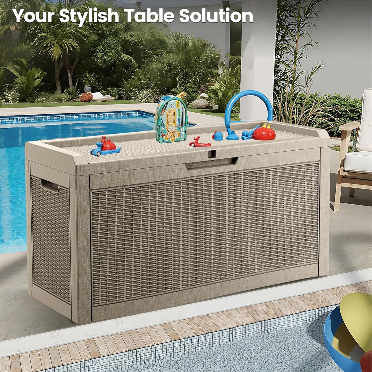 60 Gallon Outdoor Storage Box - Waterproof Resin Rattan Deck Bin for Indoor & Outdoor Use
