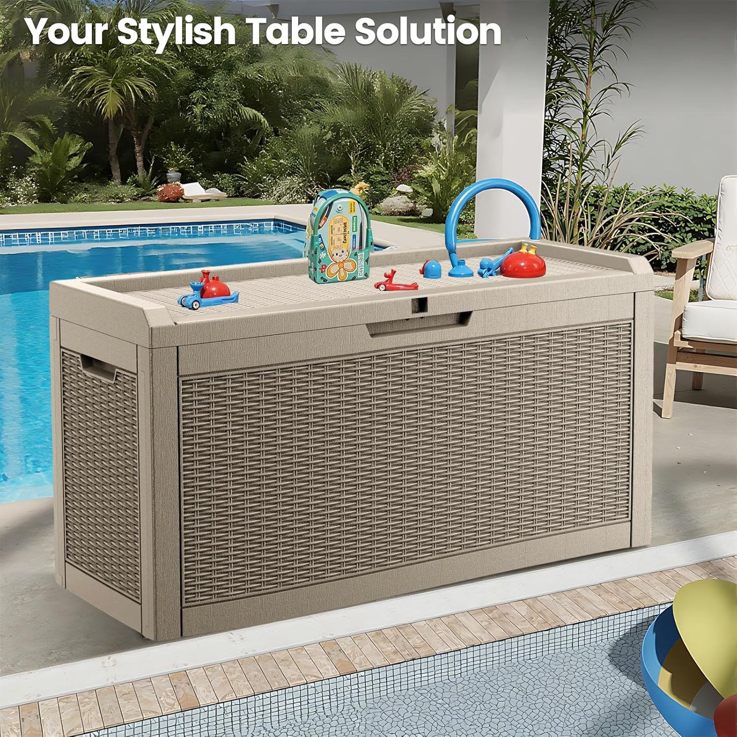 60 Gallon Outdoor Storage Box - Waterproof Resin Rattan Deck Bin for Indoor & Outdoor Use