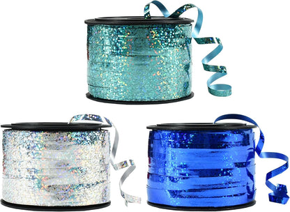 BEISHIDA Blue Blue Silver Curling Ribbons Balloon String Ribbons - 3 Pack 100 Yards for Gift