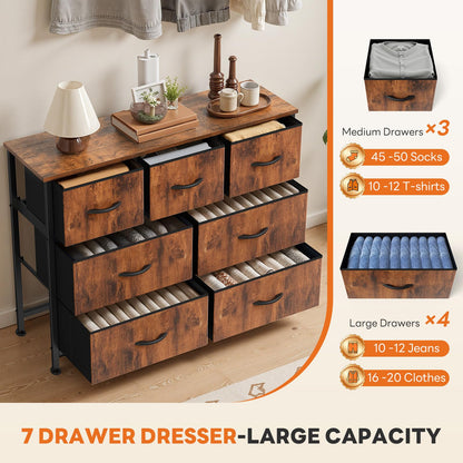 Sweetcrispy 7 Drawer Dresser for Bedroom Storage with Fabric Bins, Brown