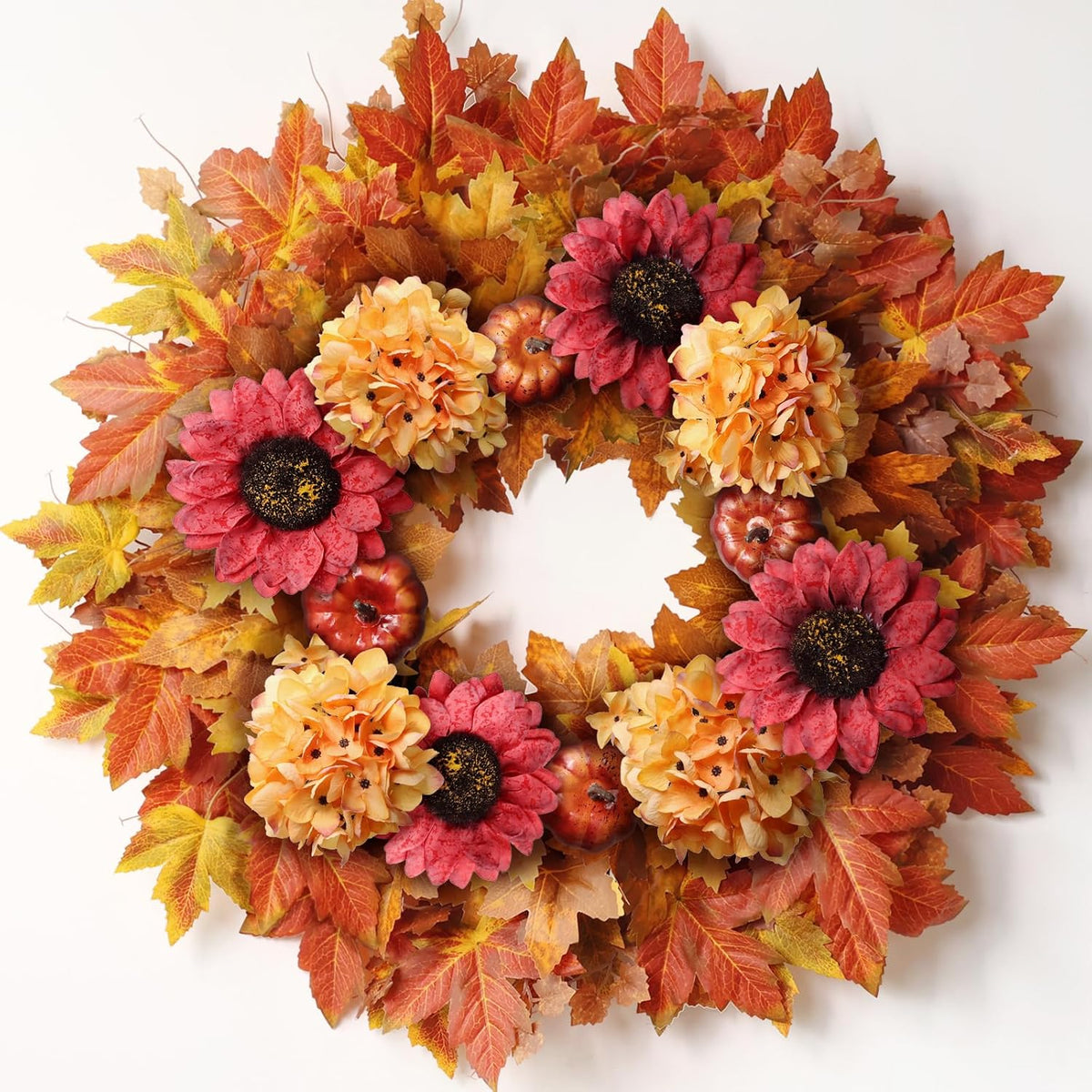 28'' Large Fall Wreath for Front Door, Porch, Window- Artificial Maple Leaves Faux Sunflower