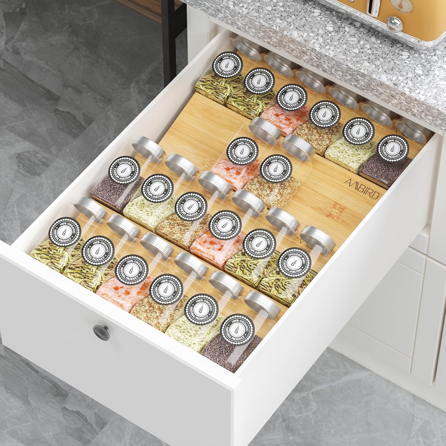 AMBIRD Bamboo Spice Drawer Organizer with Non-slip Mat,4 Tier Jar Spice Rack Tray 9.5'',Seasoning