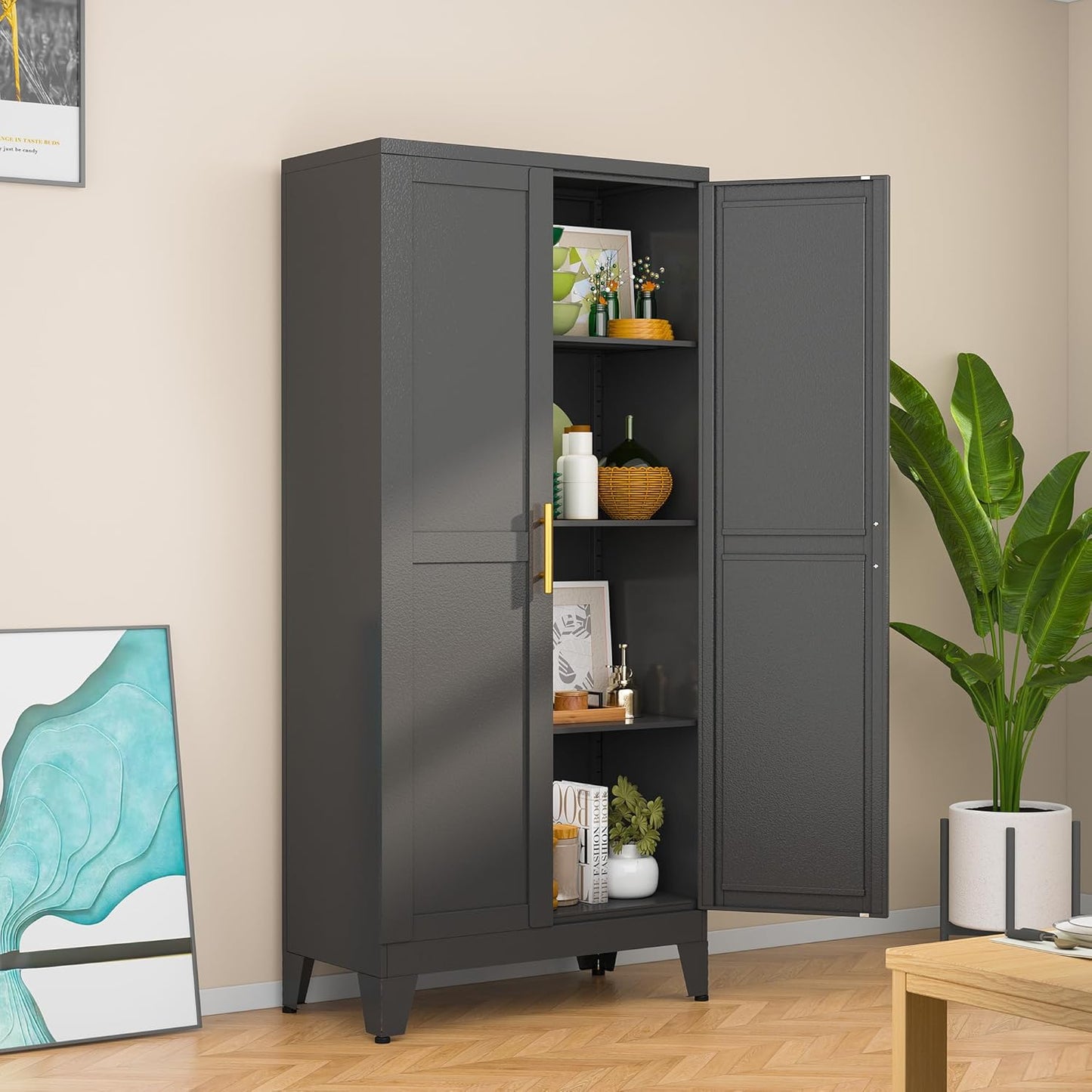 Black Metal Storage Cabinet, 48" Steel Cabinets for Home Office, Kitchen Pantry Storage Cabinet