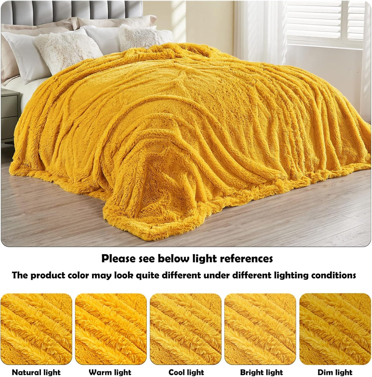 GONAAP Fuzzy Faux Fur Throw Blanket Queen Size Mustard Yellow Super Soft Cozy Plush Fuzzy Shaggy