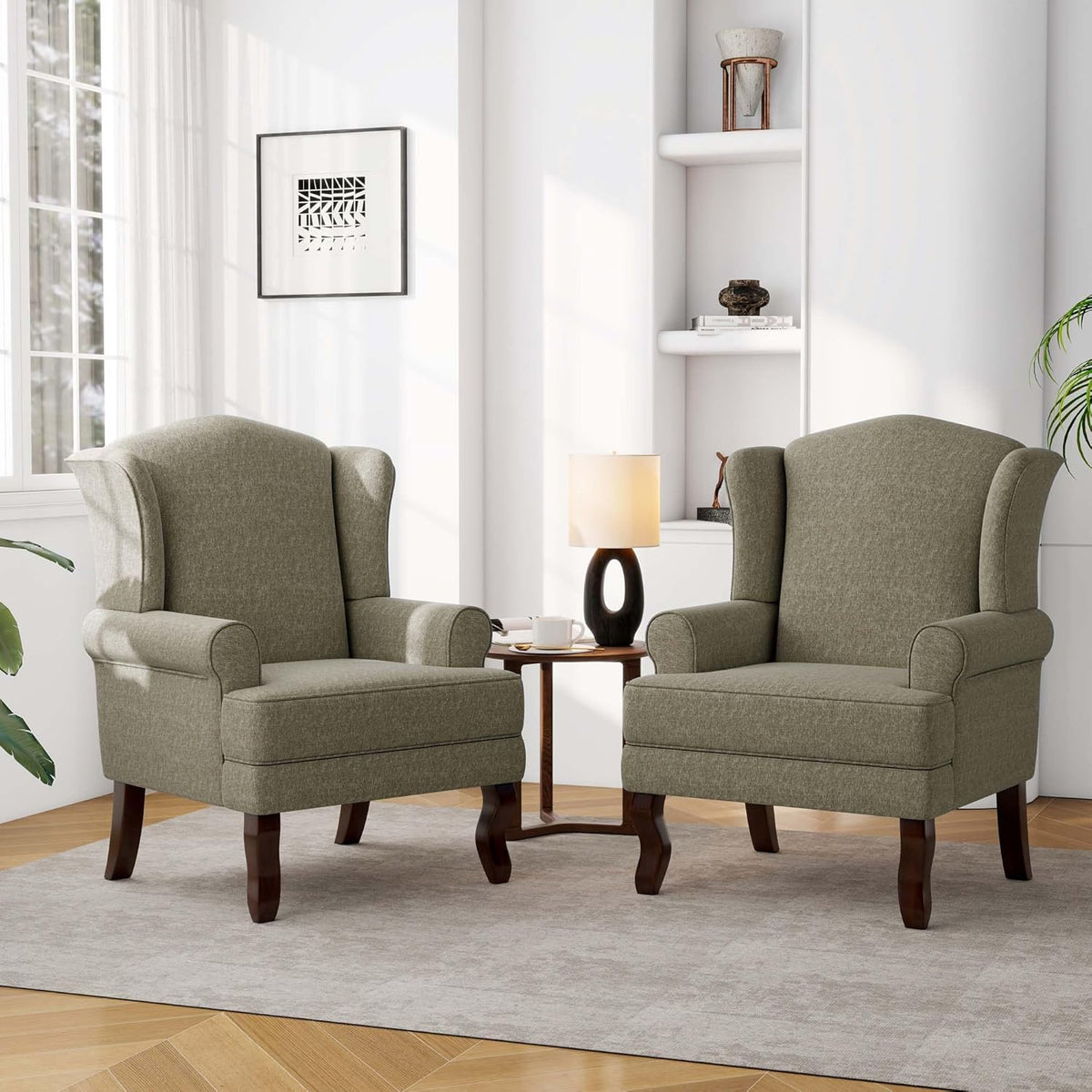 Accent Chair, High Back Upholstered Armchair with High Resilience Sponge & Wood Legs, Mid-Century
