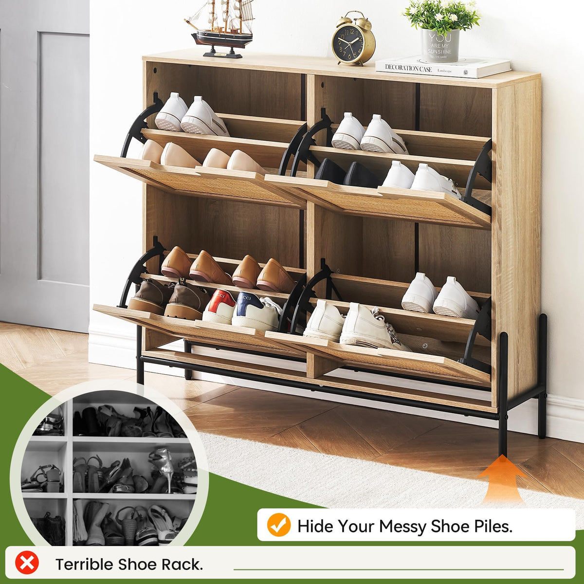 IDEALHOUSE Rattan Shoe Storage Cabinet with 4 Flip Drawers, Freestanding Shoe Organizer with