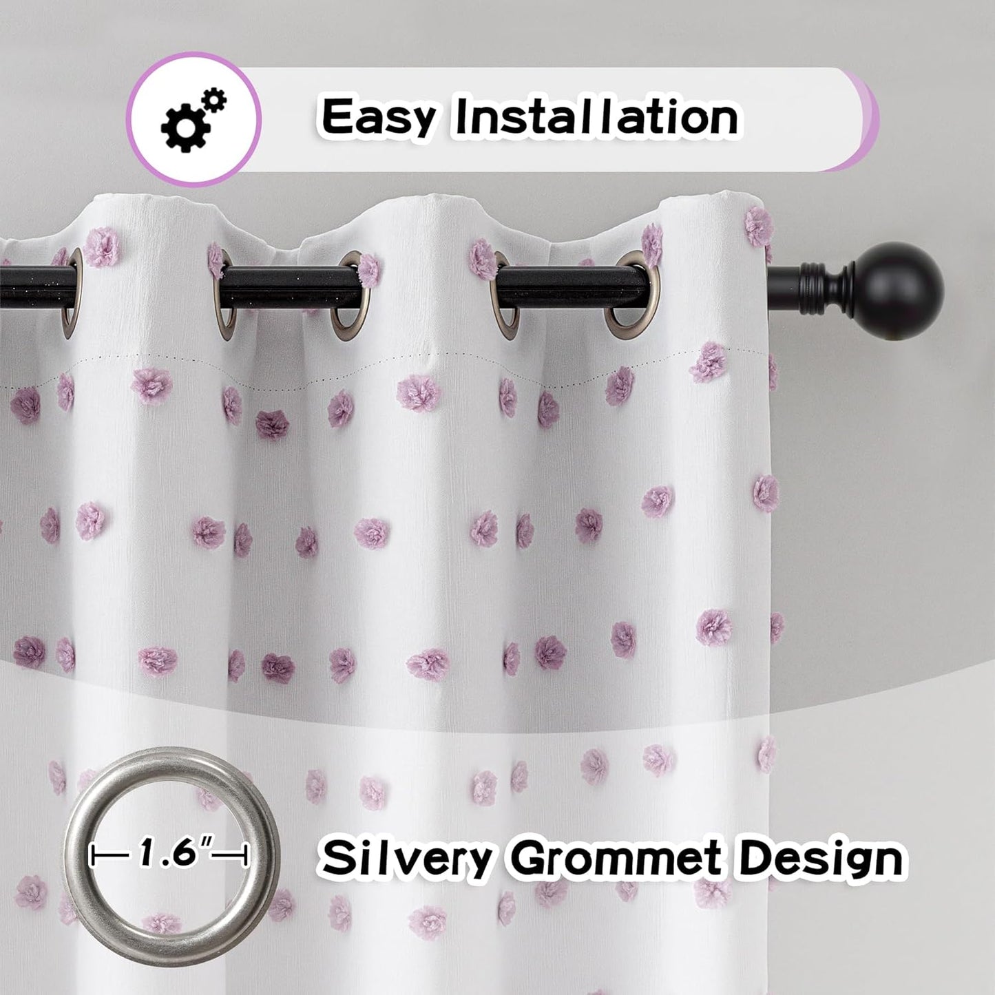 MYSKY HOME 100% Blackout Curtains for Girls Bedroom 54 Inch Long Purple Pom Pom Full Blackout