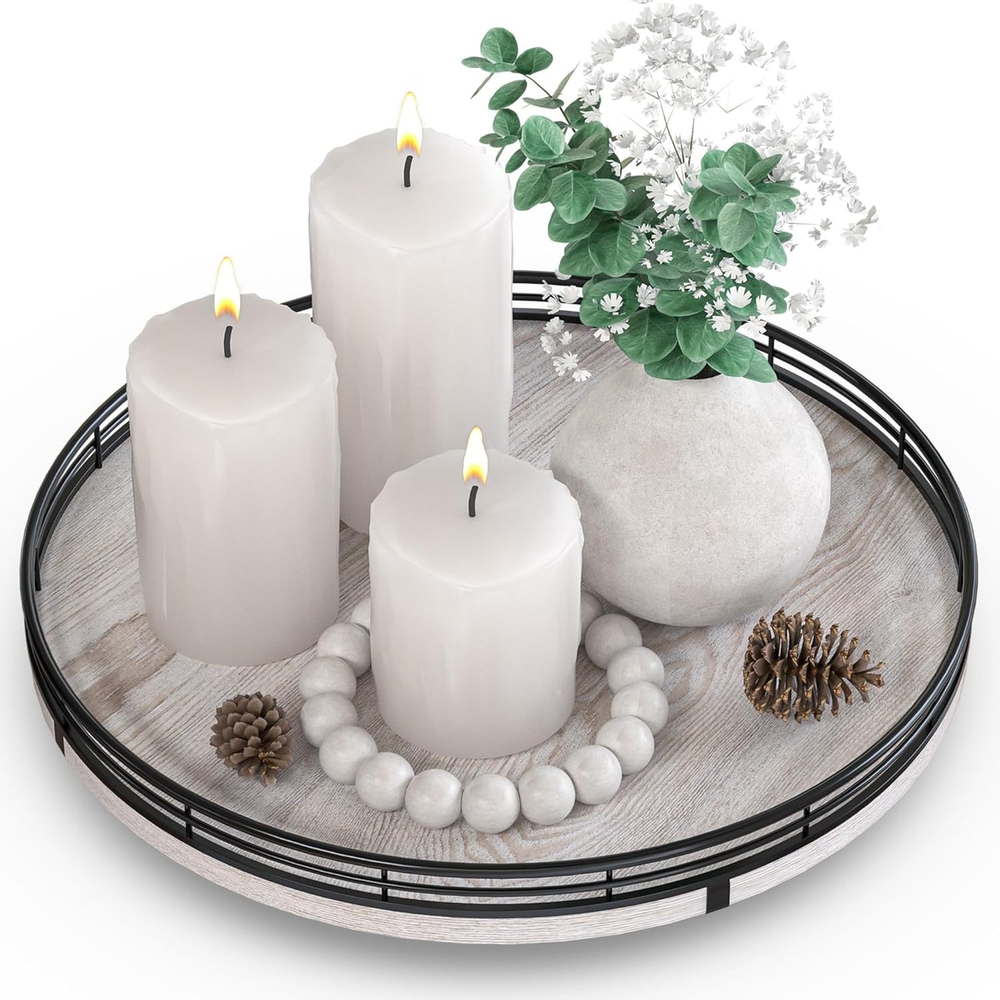 12" Farmhouse Lazy Susan for Kitchen & Coffee Table Decor – Rustic Wood Tray with Black Metal