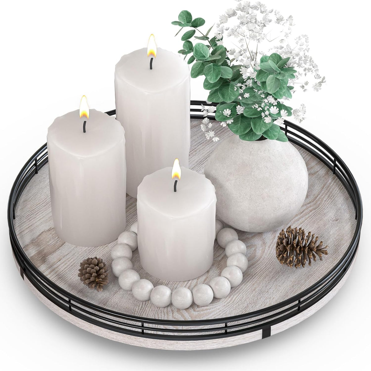 12" Farmhouse Lazy Susan for Kitchen & Coffee Table Decor – Rustic Wood Tray with Black Metal