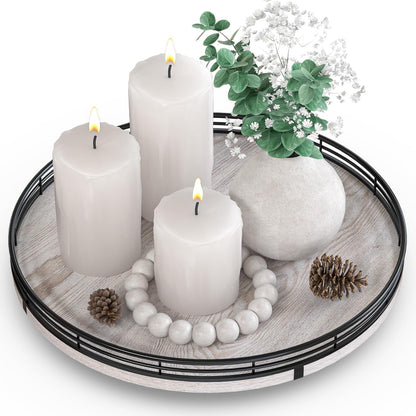 12" Farmhouse Lazy Susan for Kitchen & Coffee Table Decor – Rustic Wood Tray with Black Metal