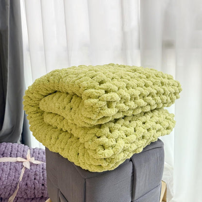 Chunky Knit Blanket Throw 40"×40", Chenille Throw Blankets, Handmade Warm & Cozy Blanket Couch Bed