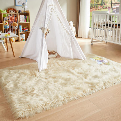 AMTOVO Faux Fur Sheepskin Rug for Living Room, 4 x 6 ft Beige Fluffy Area Rug for Bedroom