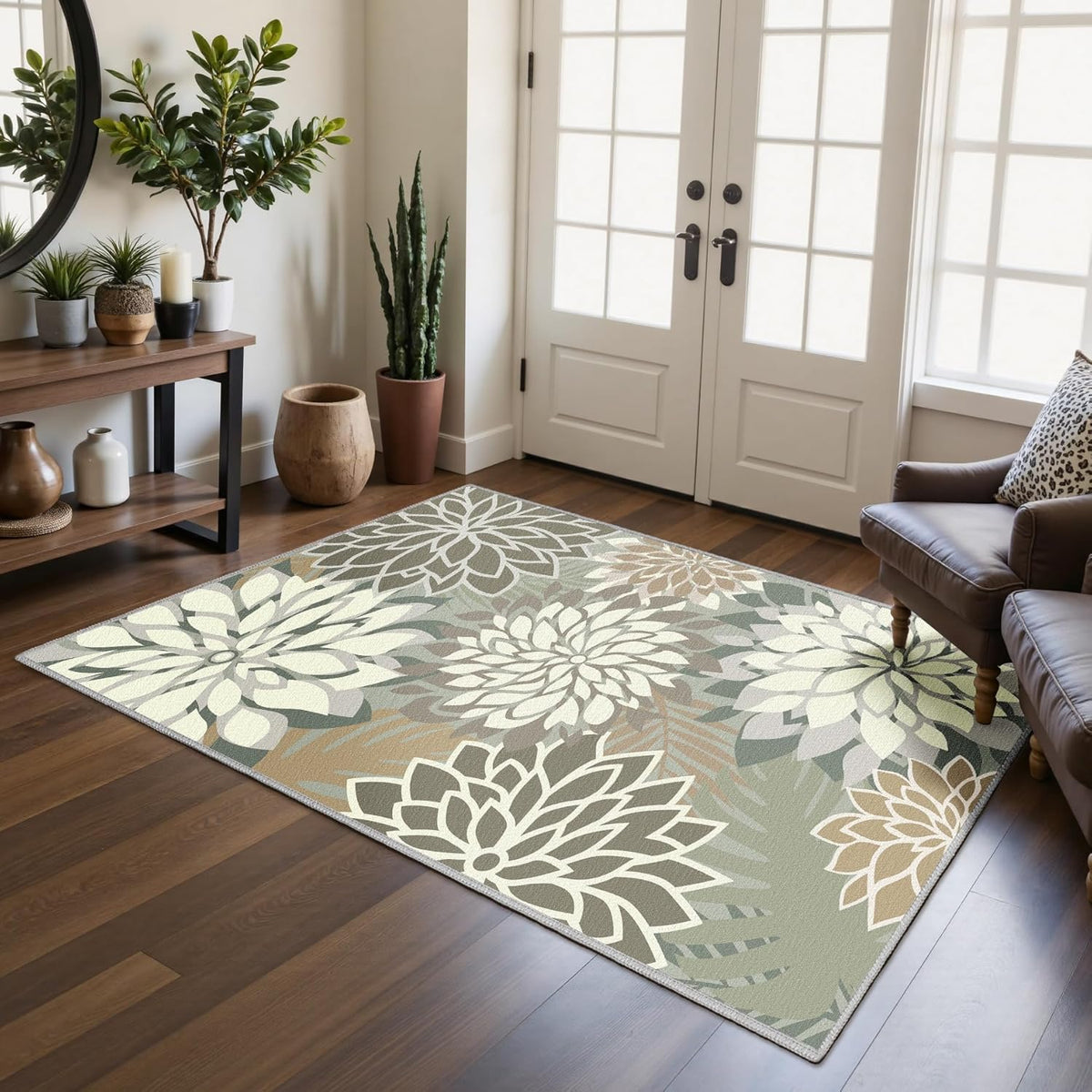 Area Rug 3x5 Brown White Washable Entry Rug Multicolored Tropical Botanical Modern Floral Indoor