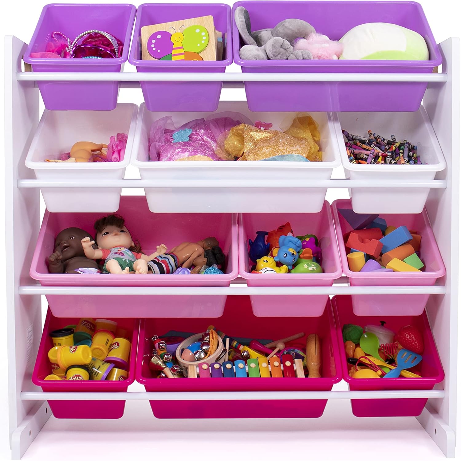 Humble Crew Kids Toy Storage Organizer with 12 Plastic Bins, White/Pink/Purple – Removable Bins for