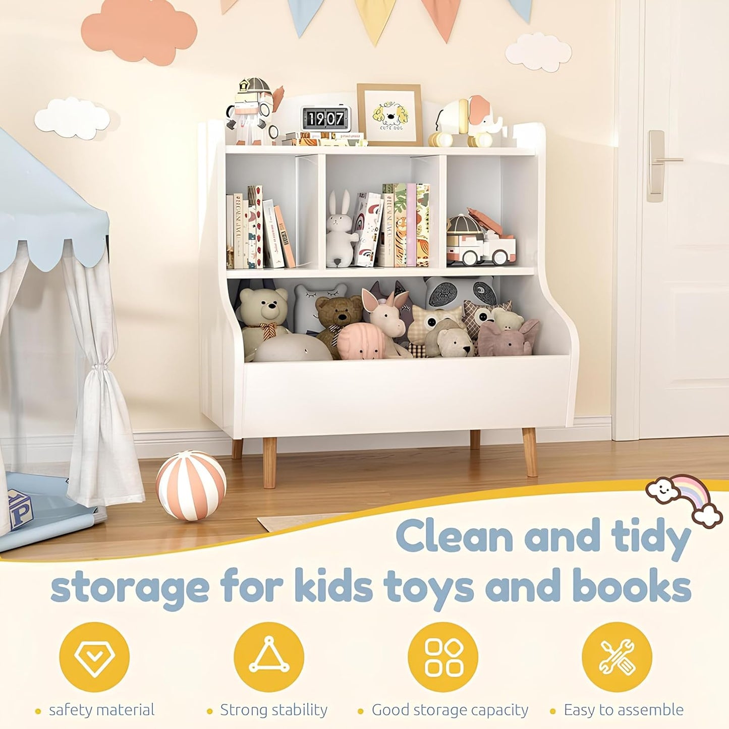 Kids Bookshelf and Toy Storage, 4-Cubby Toy Storage Organizer with Bookcase, Wood Kid Storage