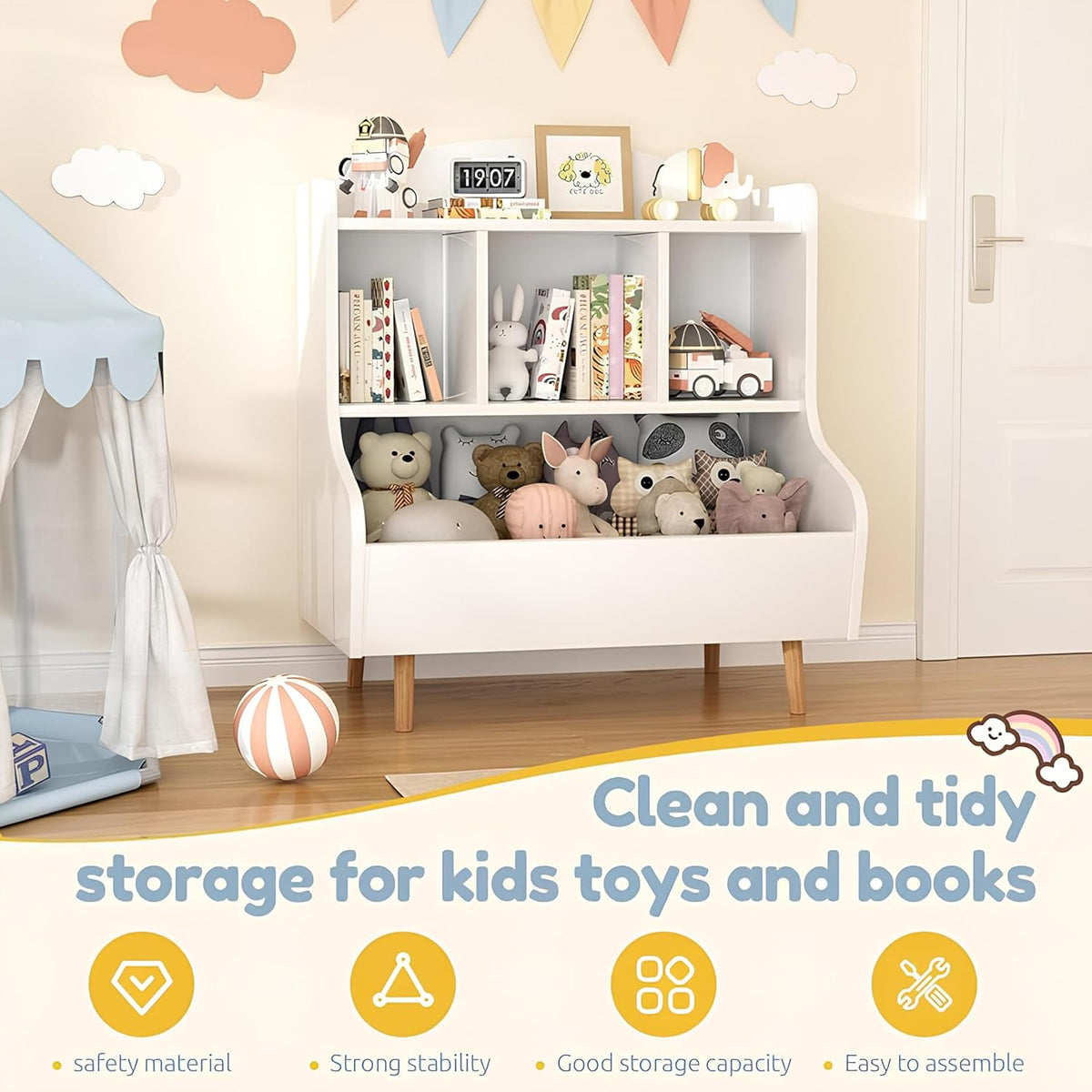 Kids Bookshelf and Toy Storage, 4-Cubby Toy Storage Organizer with Bookcase, Wood Kid Storage