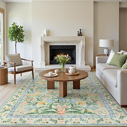 Wonnitar Machine Washable Area Rugs 9x12, Soft Sage Green Floral Rug for Living Room Bedroom