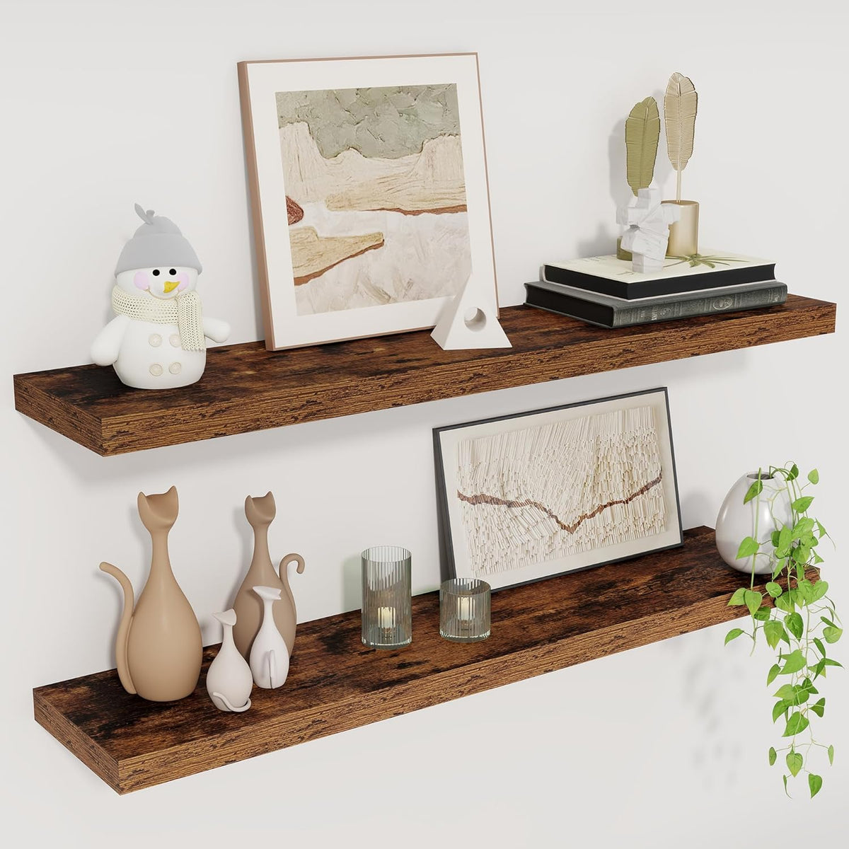 Fun Memories Floating Shelves for Wall, 30" Rustic Wood Deep Wall Mounted Shelves with Invisible