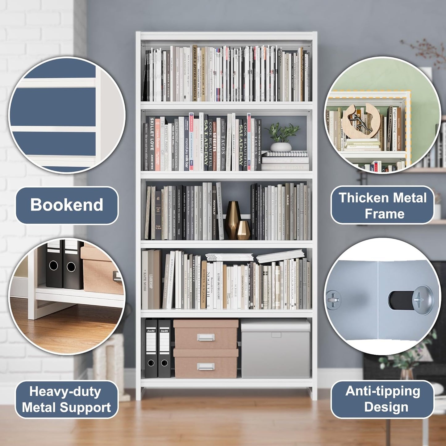 69" Tall Bookcase, 5-Tier Wide Bookshelf, Library Book Case with Display Shelf, Lightweight Metal