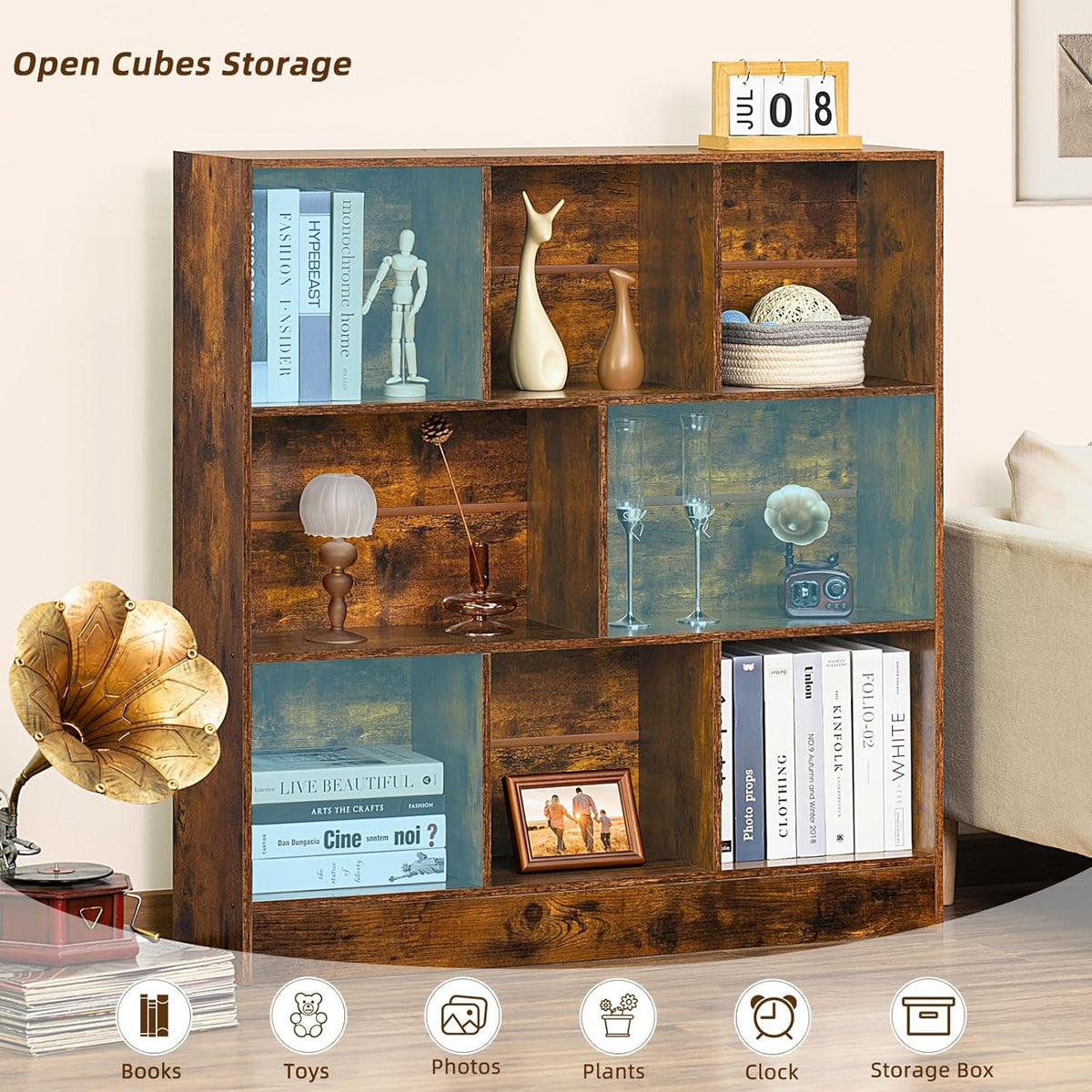 LEYAOYAO 8 Cube Bookshelf with Wood Base, Brown 3 Tier Mid-Century Modern Bookcase,Standing Wide