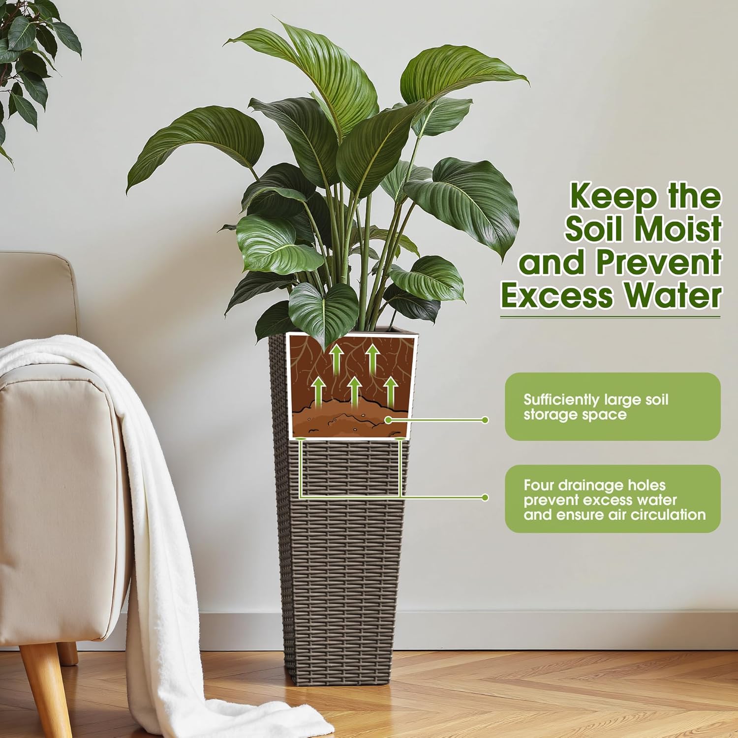 Devoko Resin Tall Planters for Outdoor Plants Set of 2, Large Taper Outdoor Planter Pots with 4