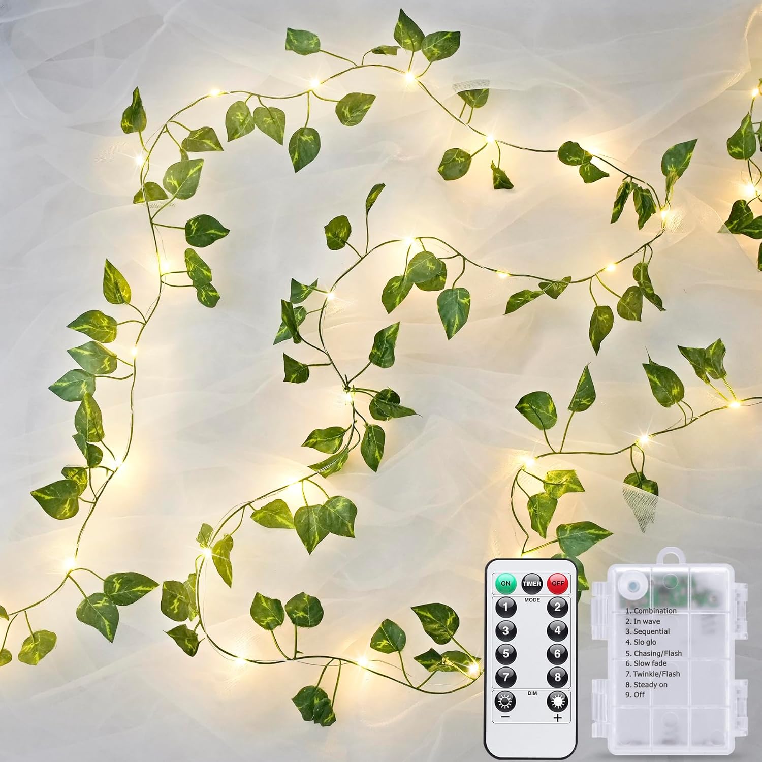 JMEXSUSS 33Ft Vines with Lights Battery Operated, 100 LED Pothos Leaf Vine Lights for Bedroom Wall