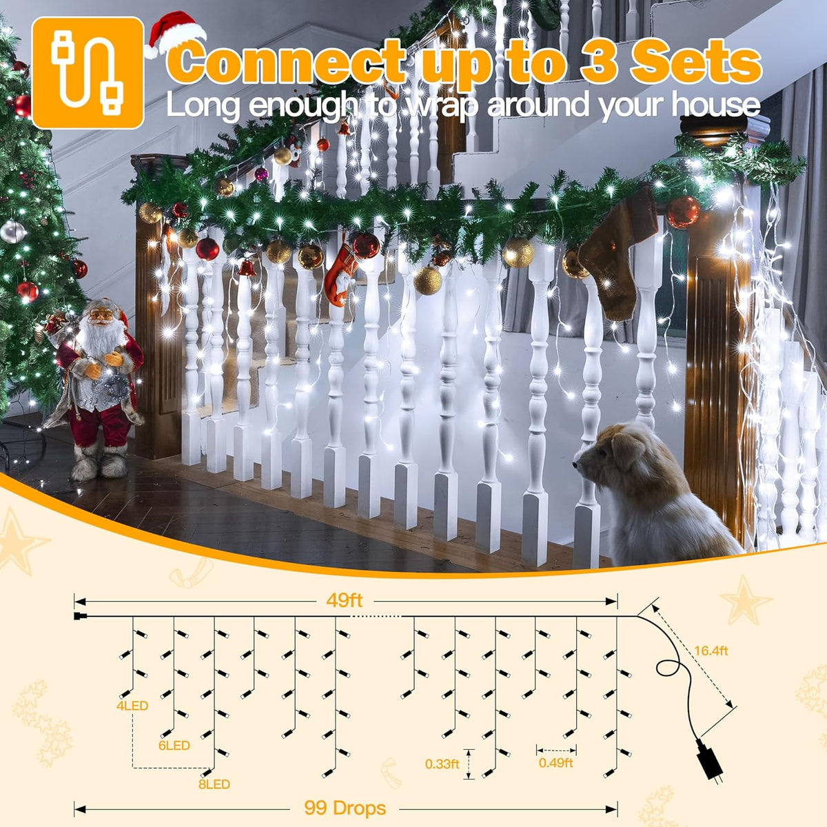 Ollny Icicle Lights Outdoor Cool White, 594LED 49FT Christmas Lights with Remote 8 Modes Dimmable