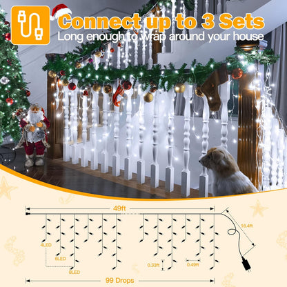 Ollny Icicle Lights Outdoor Cool White, 594LED 49FT Christmas Lights with Remote 8 Modes Dimmable