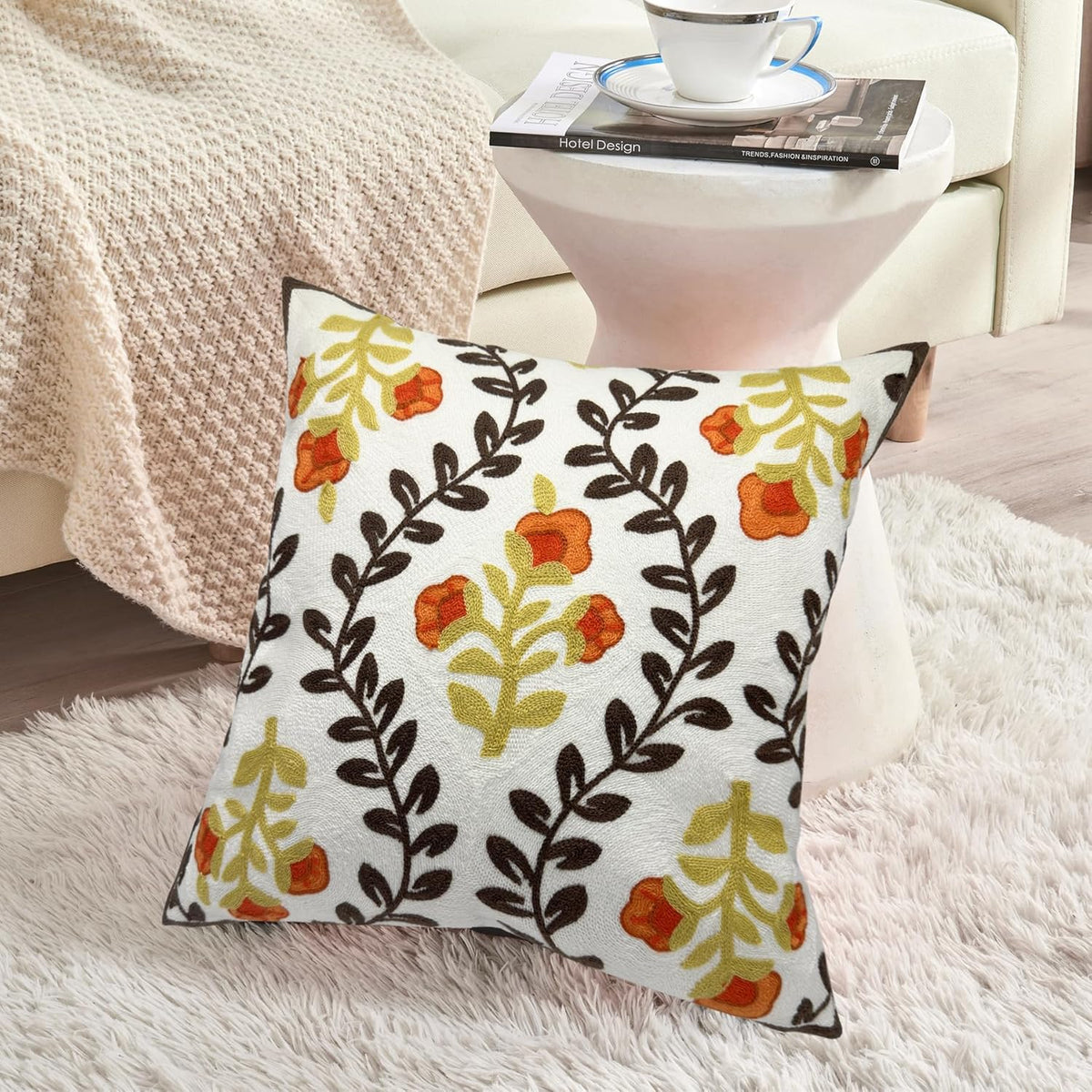 Alysheer Floral Embroidered Fall Decorative Throw Pillow Cover 18"x 18", Farmhouse Cottage Orange