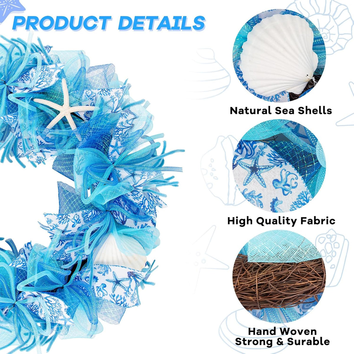24 Inch Coastal Seashell Large Wreath with Natural Starfish & Scallops Shell, Blue Beach Style