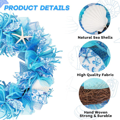 24 Inch Coastal Seashell Large Wreath with Natural Starfish & Scallops Shell, Blue Beach Style