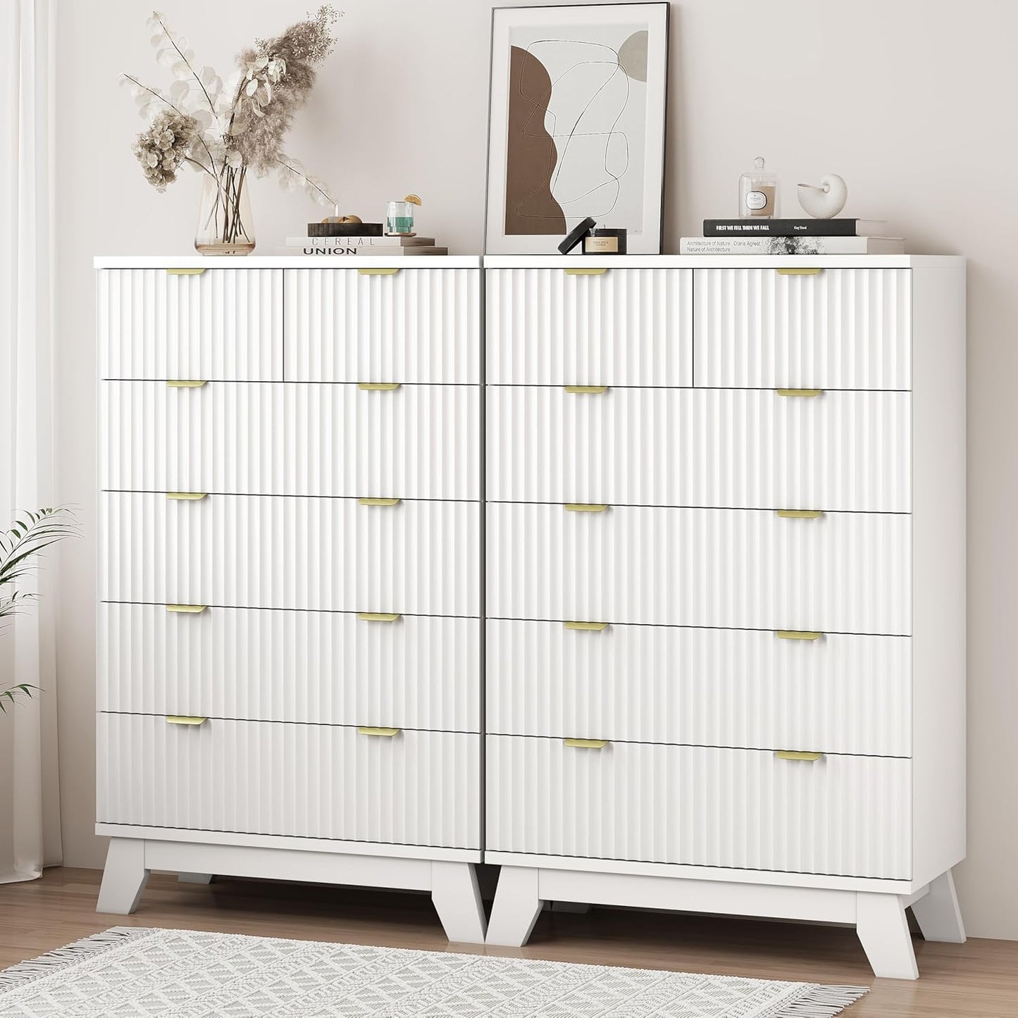 Fluted Dresser for Bedroom with 6 Drawers, 46" Tall Modern Chest of Drawers with Metal Handle