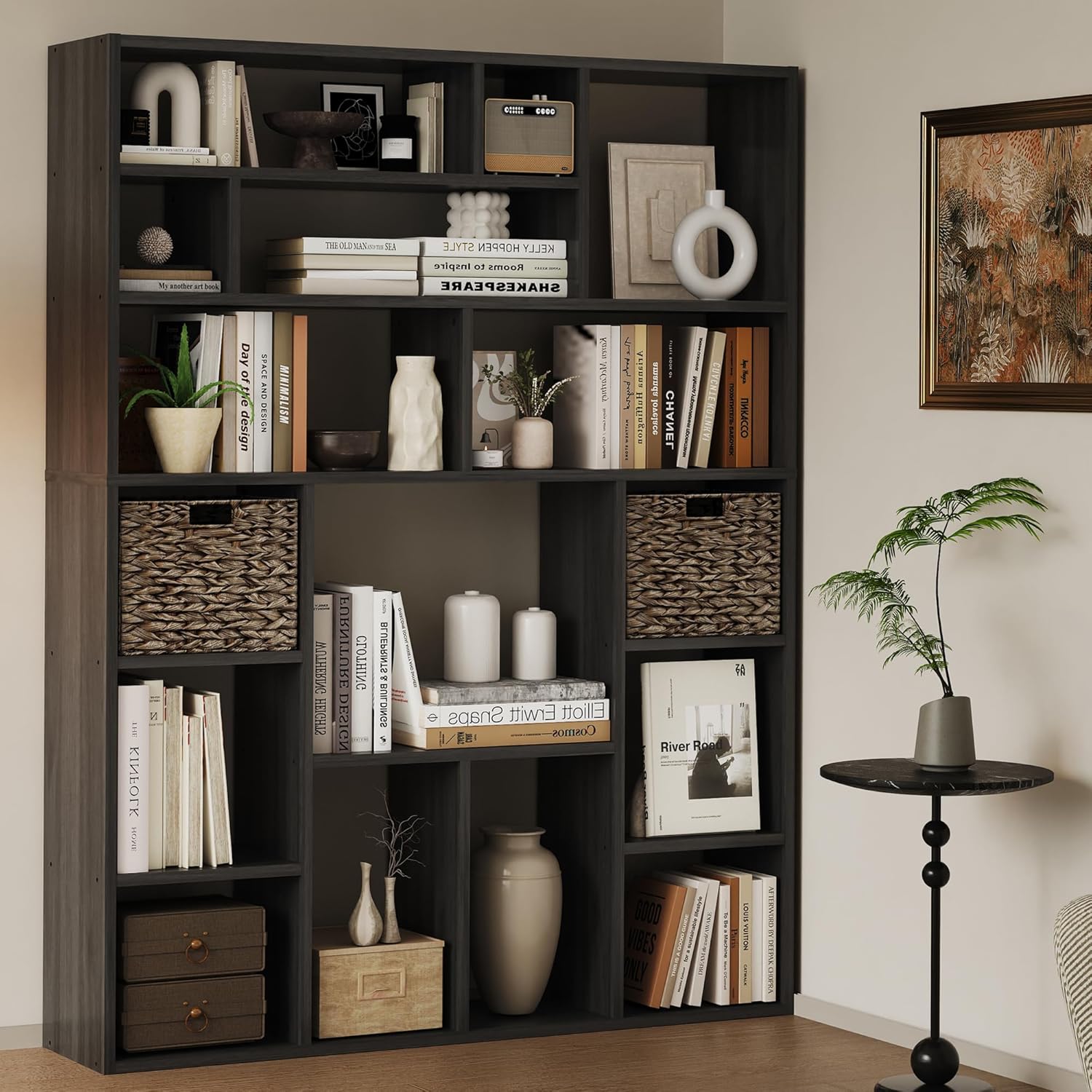 71” Tall Open Black Bookcase with Baskets, Free-Standing 6-Tier Wooden Display Storage Bookshelves