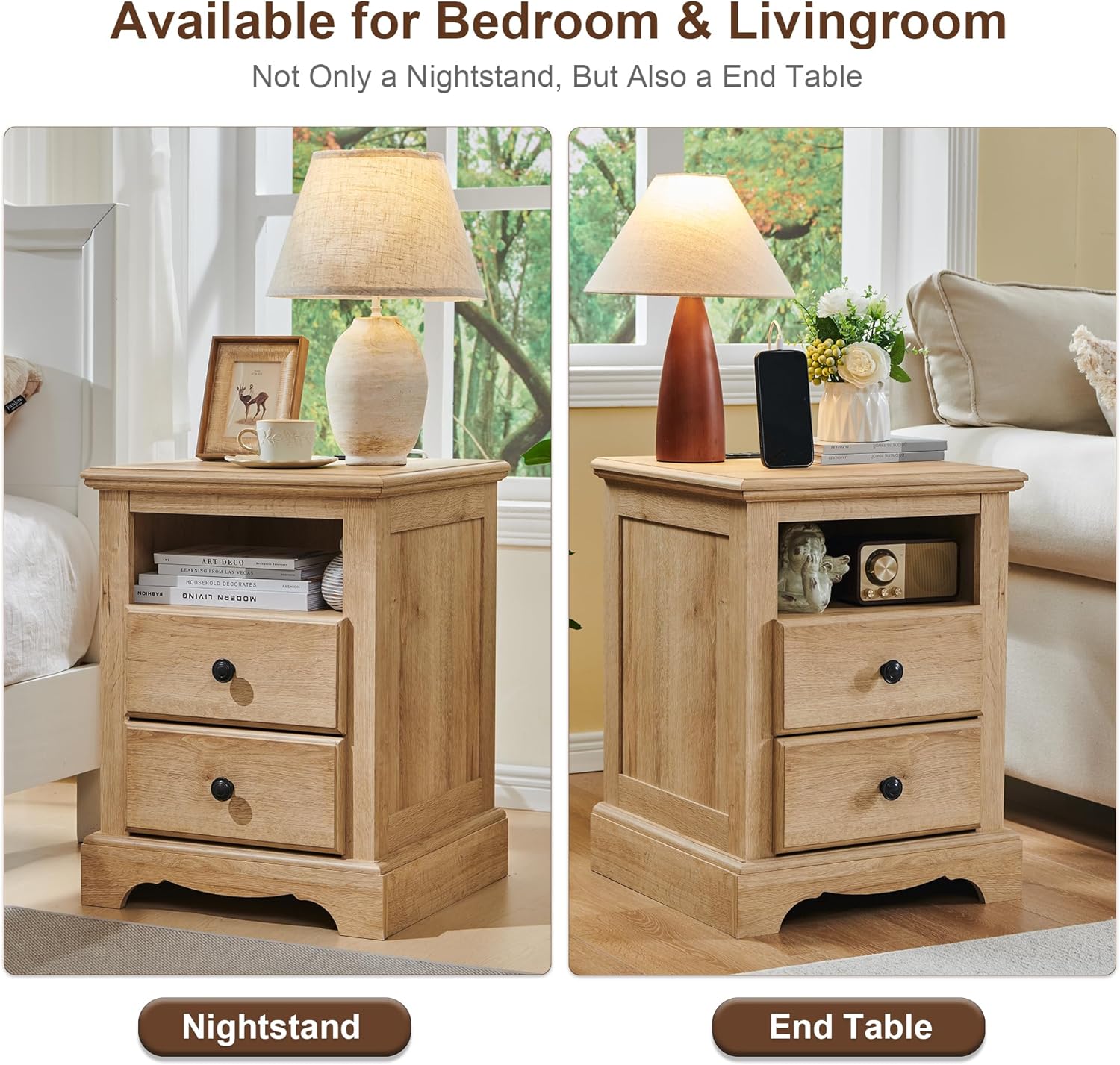 T4TREAM Nightstand with Charging Station, 18 Inch Vintage End Table with 2 Drawers, Wood Rustic