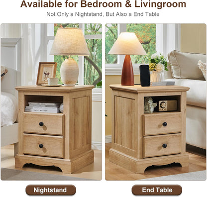 T4TREAM Nightstand with Charging Station, 18 Inch Vintage End Table with 2 Drawers, Wood Rustic