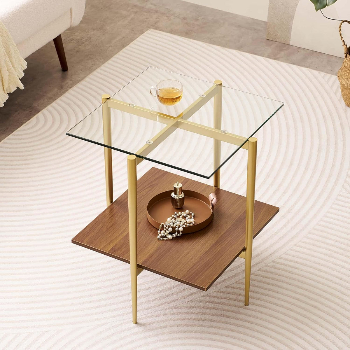 Glass End Table, Mid-Century Modern Design Sofa Table, for Living Room, 2-Tier Structure, Clear
