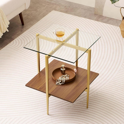 Glass End Table, Mid-Century Modern Design Sofa Table, for Living Room, 2-Tier Structure, Clear